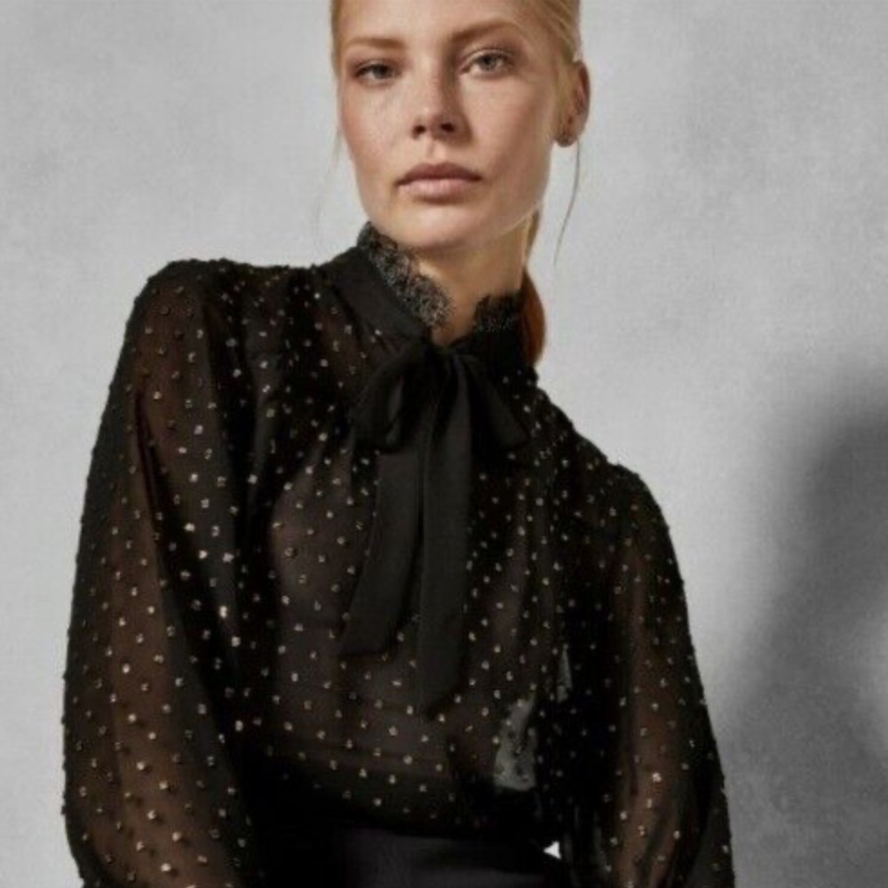 Ted Baker London Elegant Black and Gold Lace with Gold Dots Blouse
